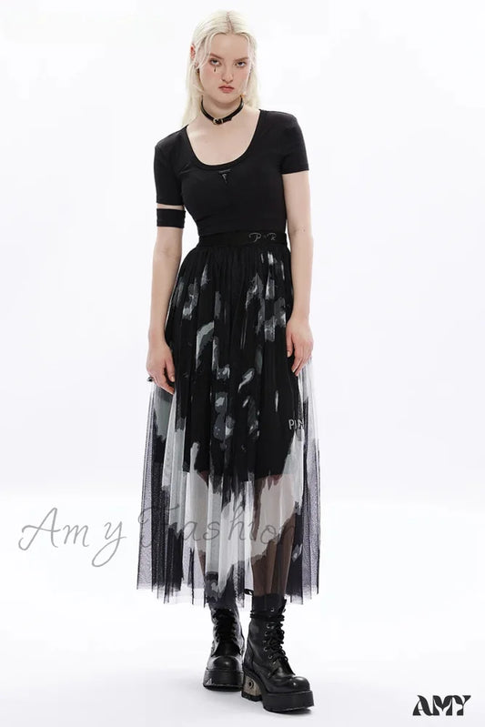 Gauze Tie Women’s At Embroidery Letter Mid-Length Skirt Girl Daily Logo Rivet Waist Fashion Dyed