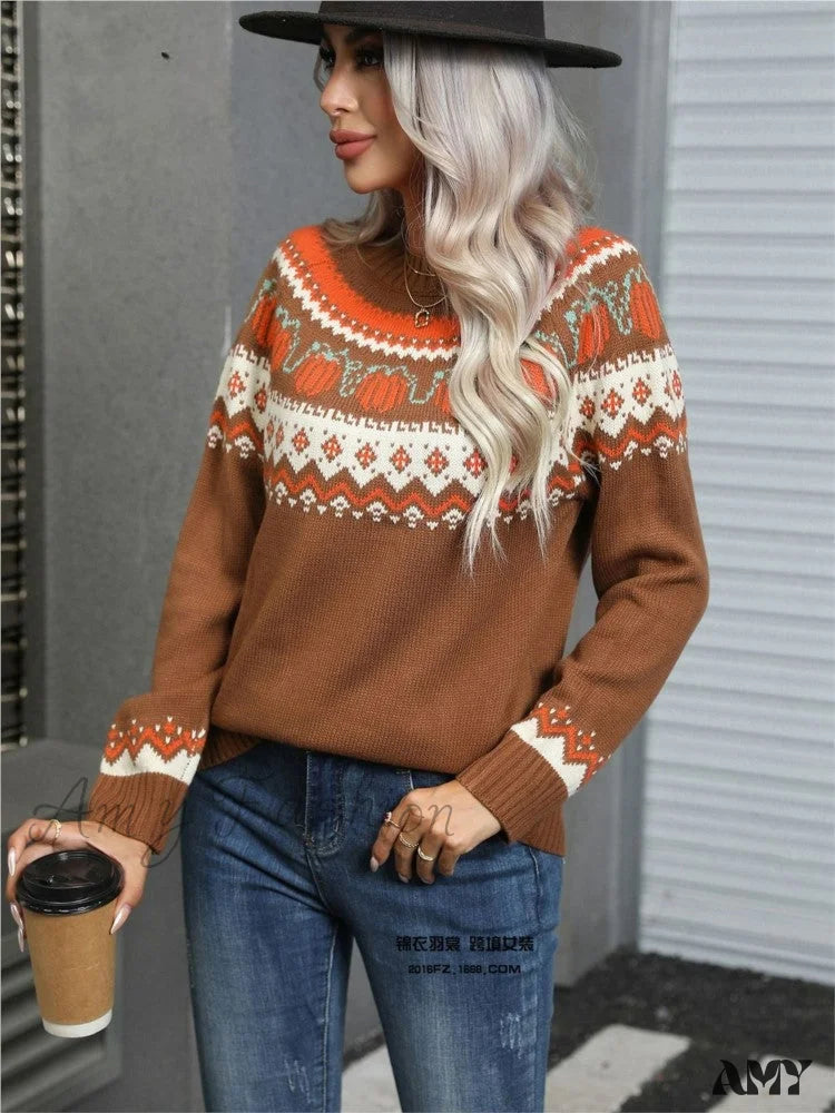 Geometric Pattern Jacquard Vintage Winter Knit Festival Christmas Sweater Brown / S