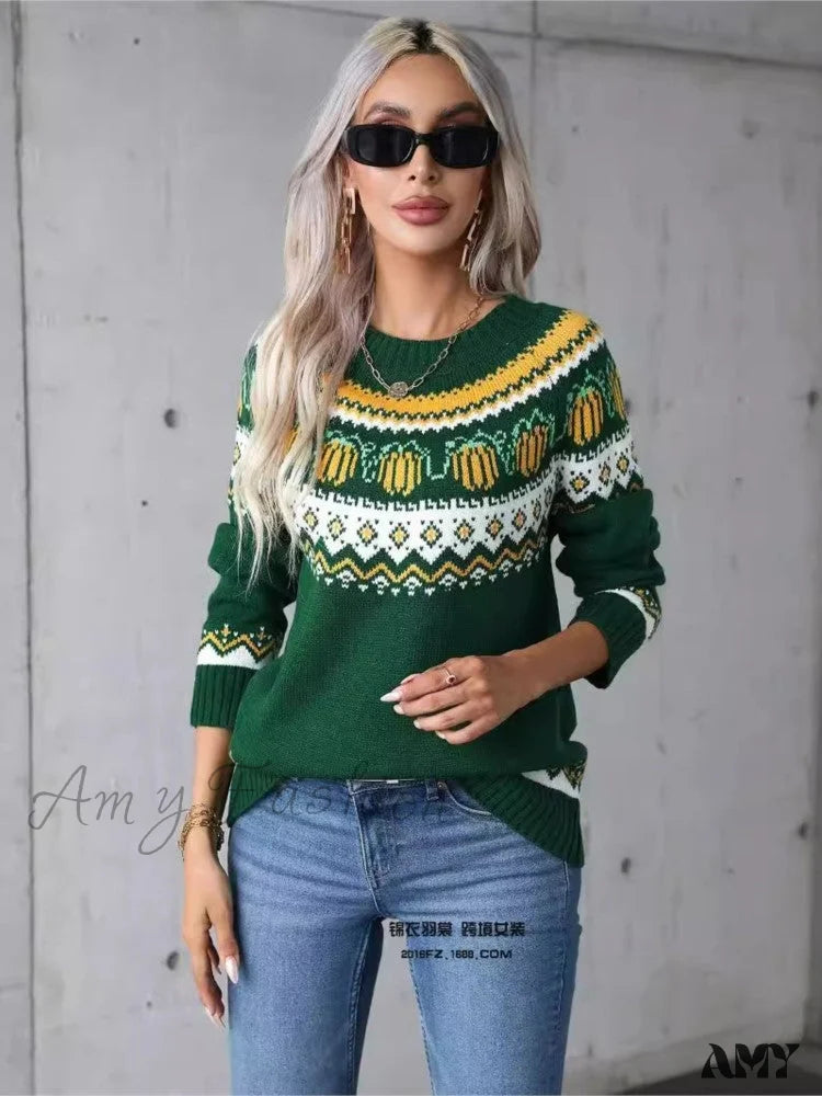 Geometric Pattern Jacquard Vintage Winter Knit Festival Christmas Sweater Green / S