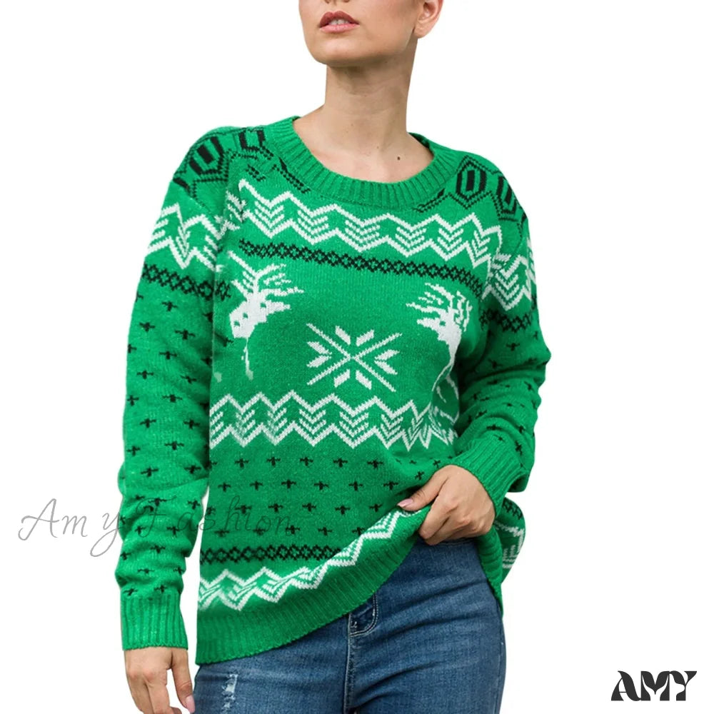 Geometric Pattern Printed Xmas Christmas Party Green Sweater 1-Green / S