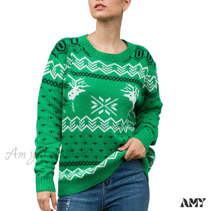 Geometric Pattern Printed Xmas Christmas Party Green Sweater 1-Green / S