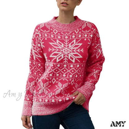 Geometric Pattern Printed Xmas Christmas Party Green Sweater 2-Red / S