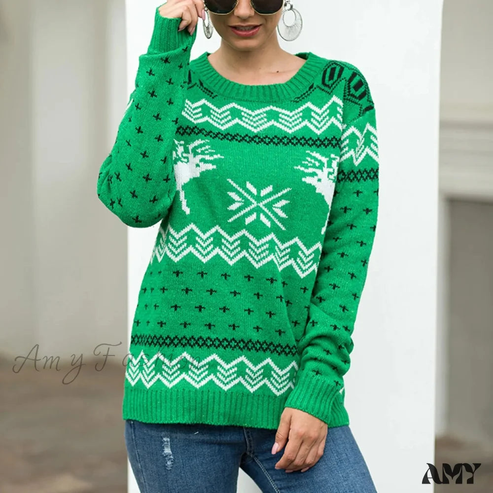 Geometric Pattern Printed Xmas Christmas Party Green Sweater