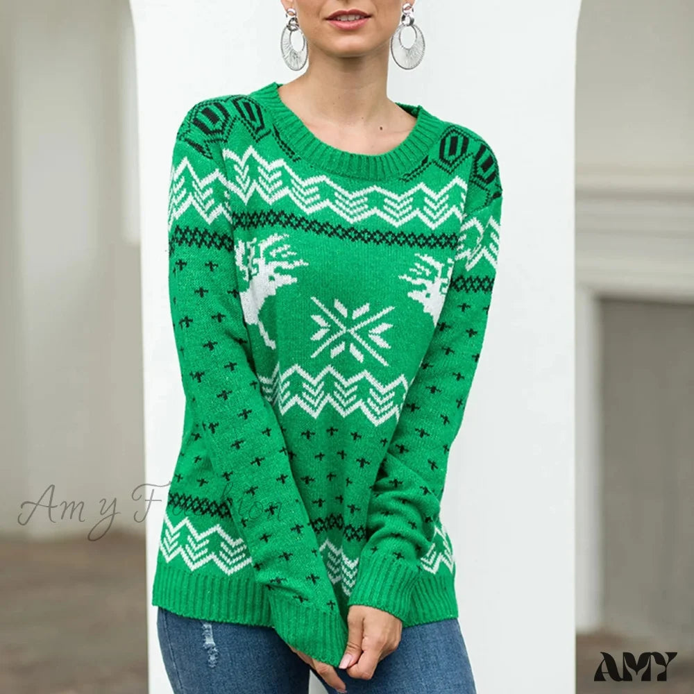 Geometric Pattern Printed Xmas Christmas Party Green Sweater