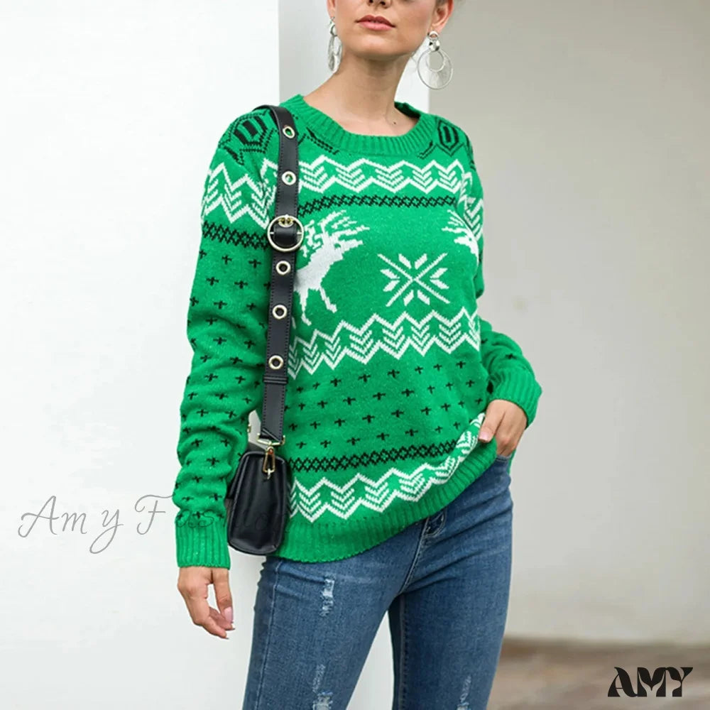 Geometric Pattern Printed Xmas Christmas Party Green Sweater