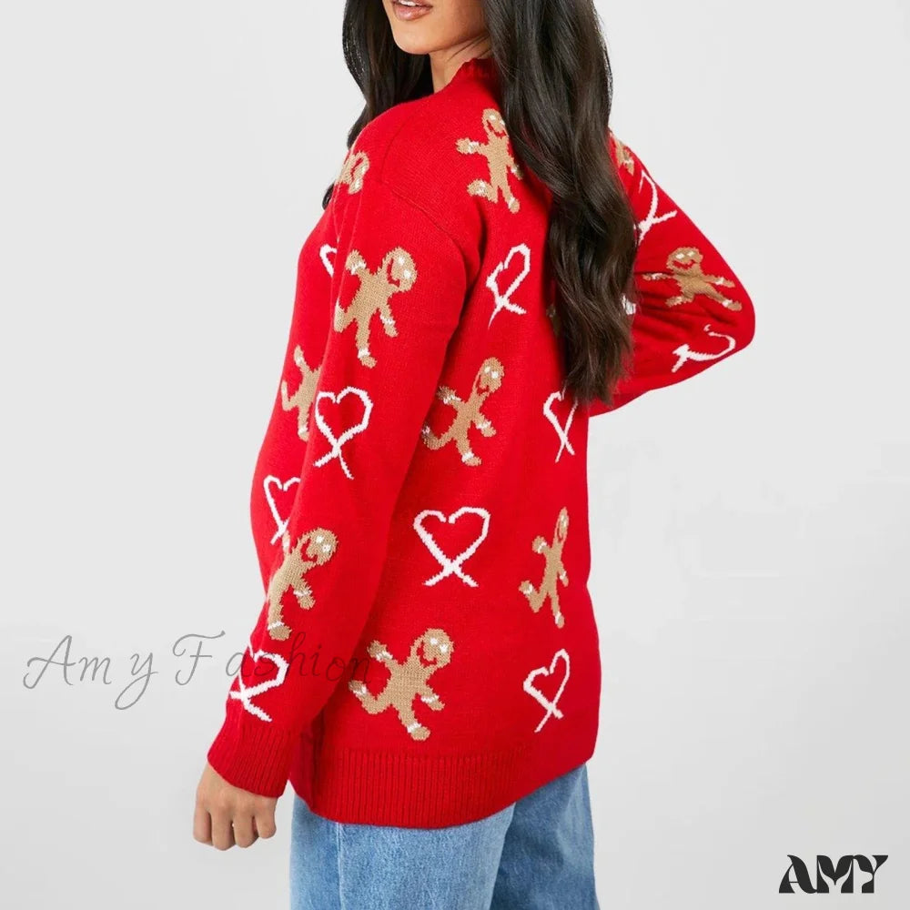 Gingerbread Christmas Sweater - Long Sleeve Casual Loose Fit