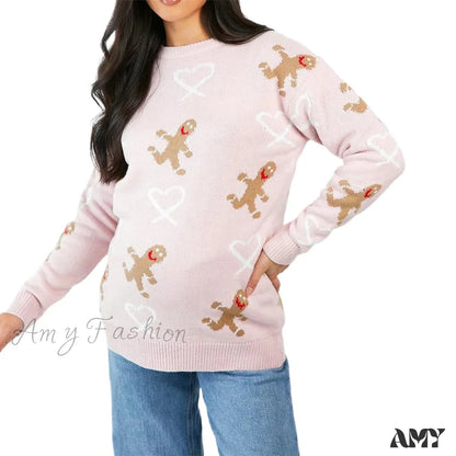 Gingerbread Christmas Sweater - Long Sleeve Casual Loose Fit Pink / S