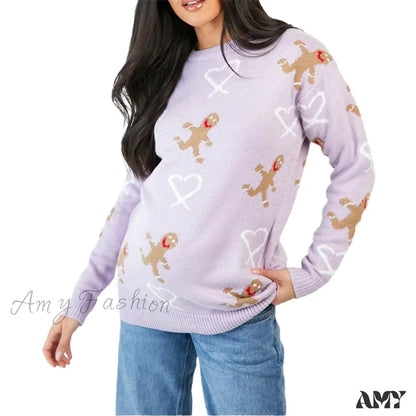 Gingerbread Christmas Sweater - Long Sleeve Casual Loose Fit Purple / S