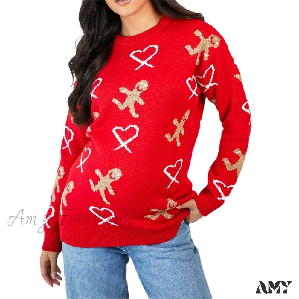 Gingerbread Christmas Sweater - Long Sleeve Casual Loose Fit Red / S