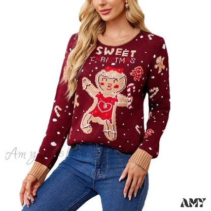 Gingerbread Man Pattern Loose Fitting Christmas Sweater