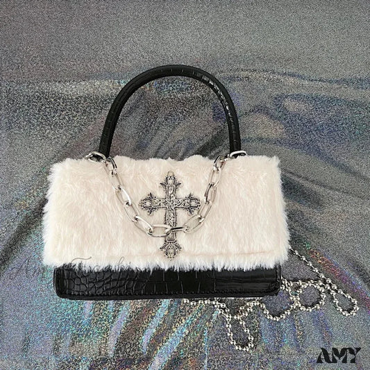 Girls Soft Crossbody Y2K Chain Hot Cross Hip Plush Bag Applique Hop Gothic Black White / 18X11Cm