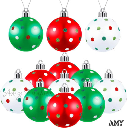 Glittering Hanging Xmas Balls - Red Green Plastic Christmas Baubles For Tree Decoration 12