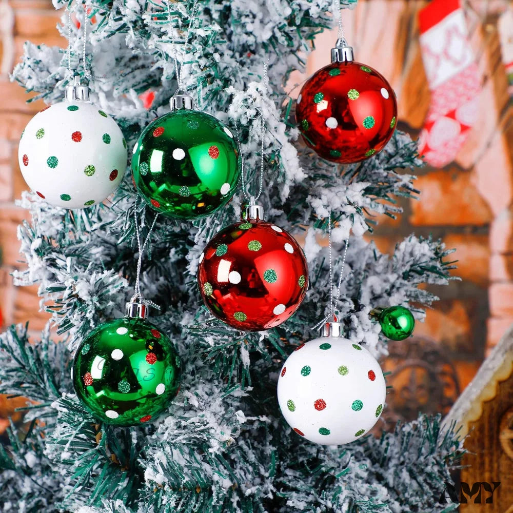 Glittering Hanging Xmas Balls - Red Green Plastic Christmas Baubles For Tree Decoration