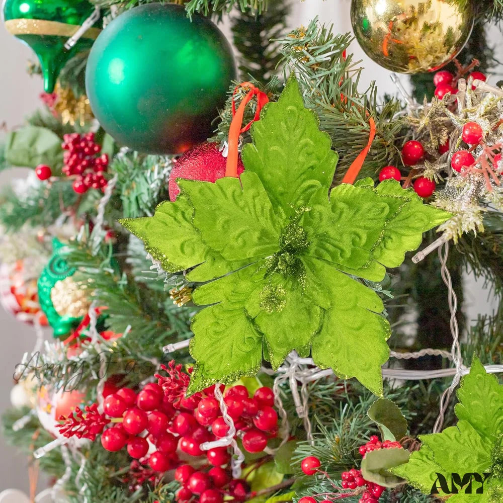 Glittery Christmas Poinsettia Flowers - Set Of 6 Green