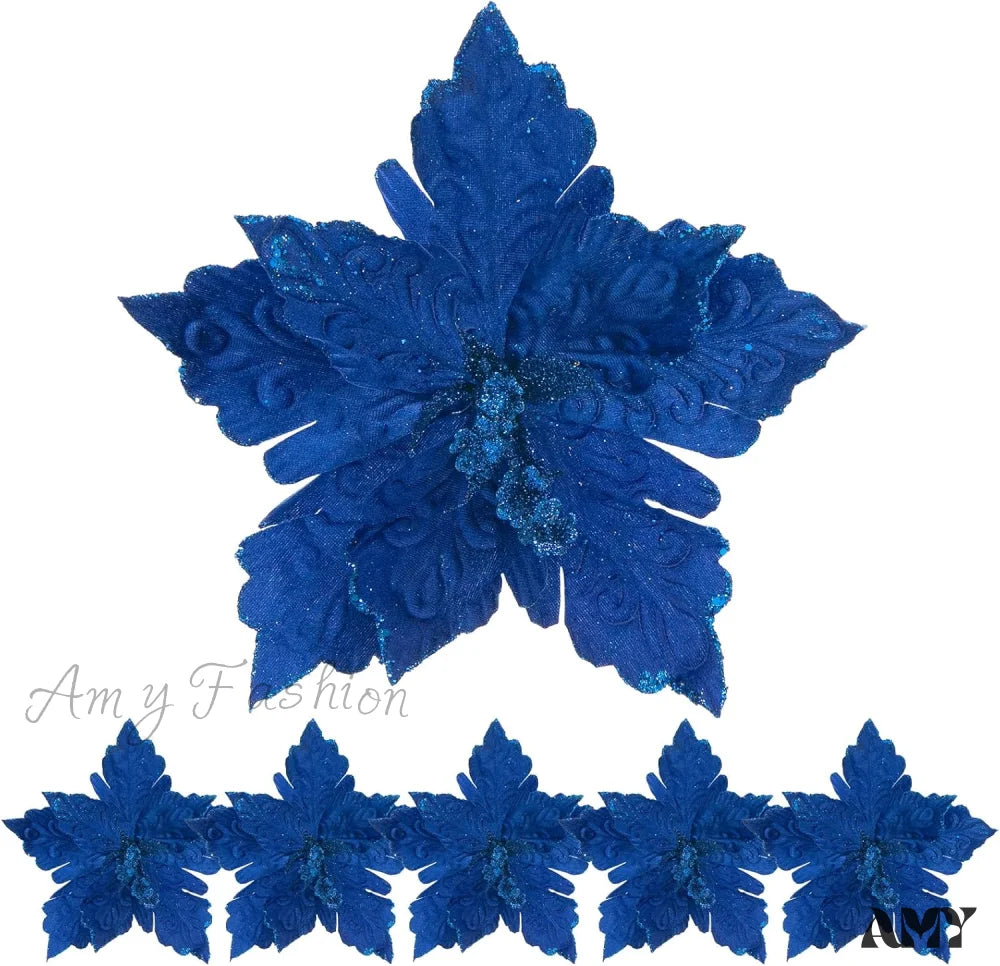 Glittery Christmas Poinsettia Flowers - Set Of 6 Green Blue /