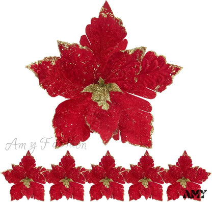 Glittery Christmas Poinsettia Flowers - Set Of 6 Green Red /