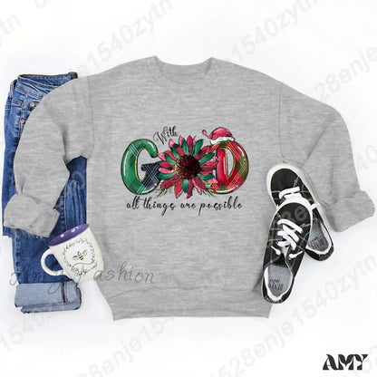 God All Things Possible Round Neck Hoodie - Autumn/Winter/Christmas Gray / S