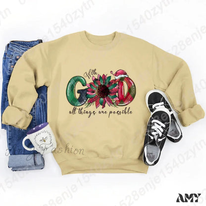 God All Things Possible Round Neck Hoodie - Autumn/Winter/Christmas Khaki / S