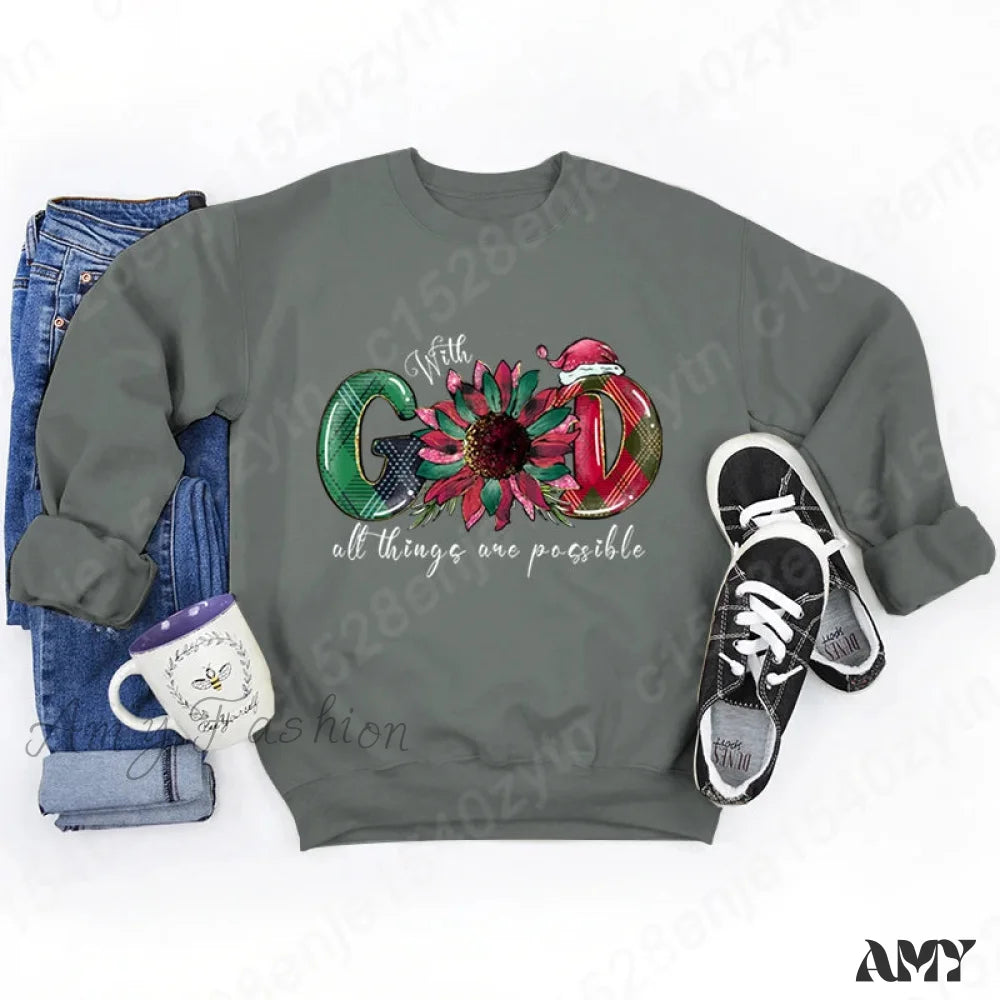 God All Things Possible Round Neck Hoodie - Autumn/Winter/Christmas Multi / S