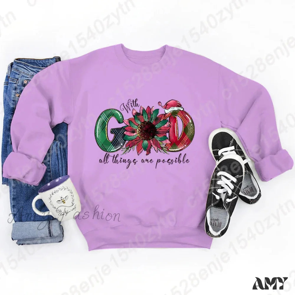 God All Things Possible Round Neck Hoodie - Autumn/Winter/Christmas Purple / S