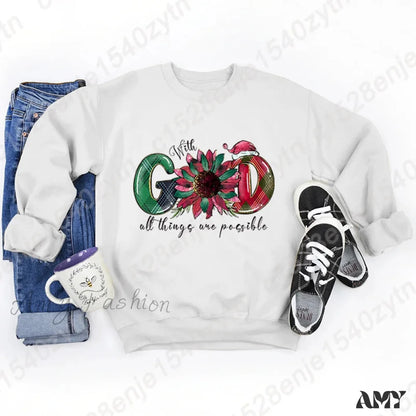 God All Things Possible Round Neck Hoodie - Autumn/Winter/Christmas White / S