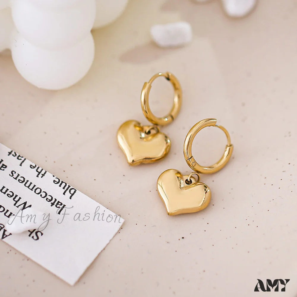 Gold Romantic Heart Hoop Pendant Earrings Gold