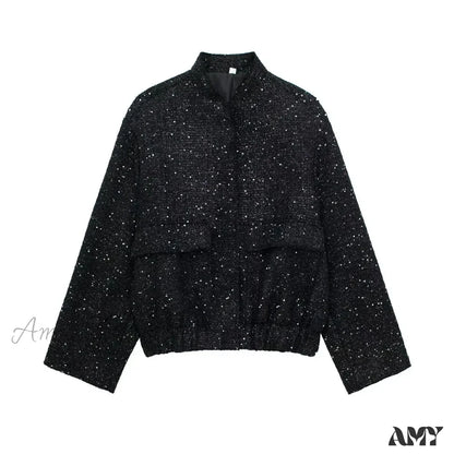 Gold Sequin Decoration Loose Short New Fashion Versatile Warm Chic Elegant Coat Black / S