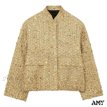 Gold Sequin Decoration Loose Short New Fashion Versatile Warm Chic Elegant Coat Gold / S