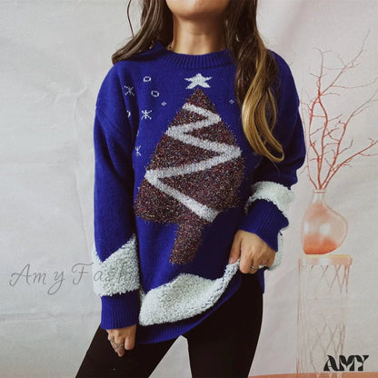 Gold Thread Flocked Round Neck Long Sleeved Loose Knit Pullover Christmas Sweater Blue / S