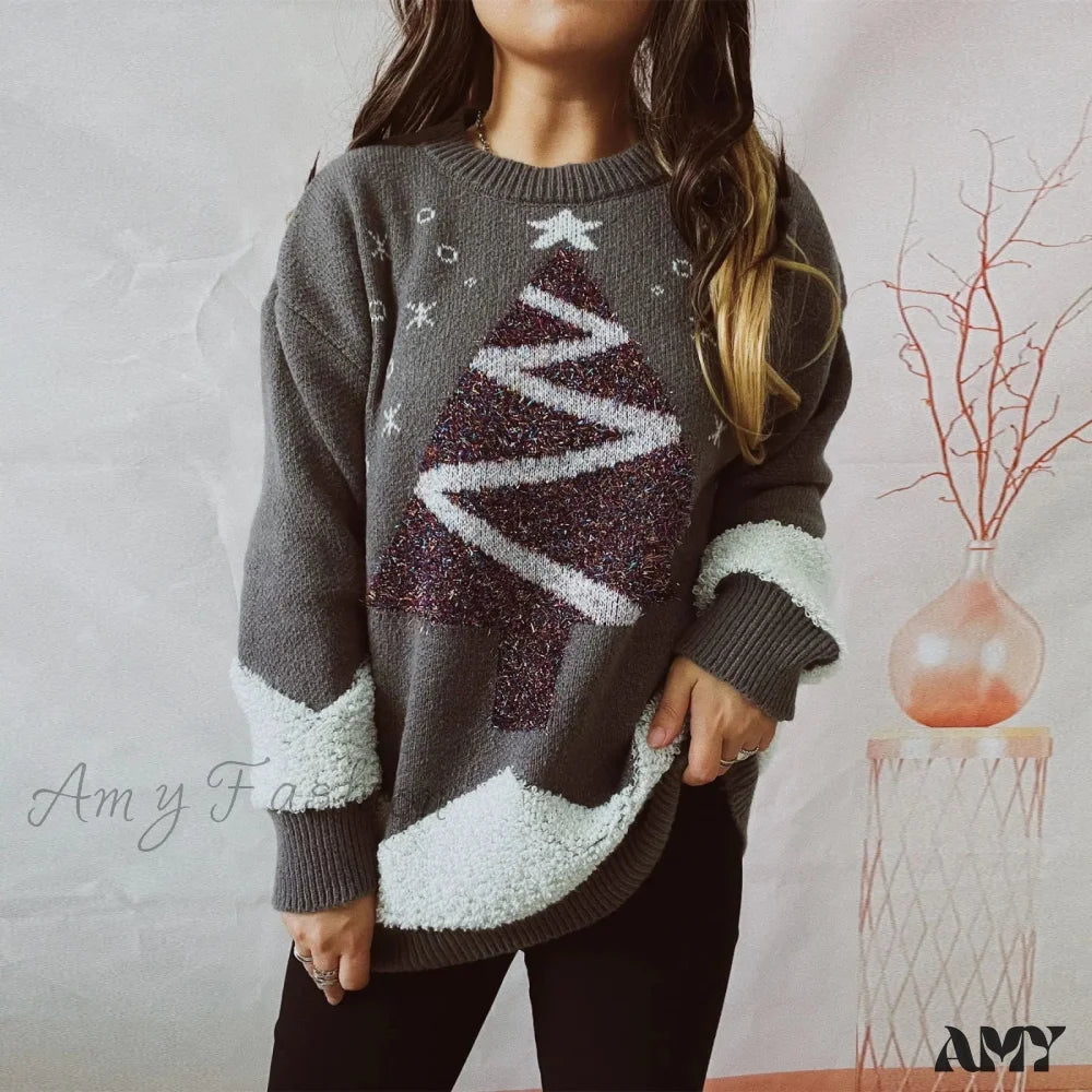 Gold Thread Flocked Round Neck Long Sleeved Loose Knit Pullover Christmas Sweater Gray / S