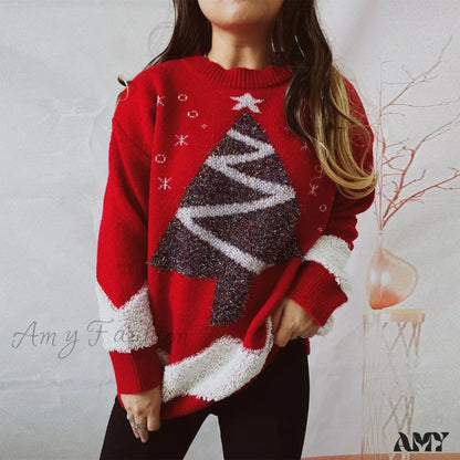 Gold Thread Flocked Round Neck Long Sleeved Loose Knit Pullover Christmas Sweater Red / S