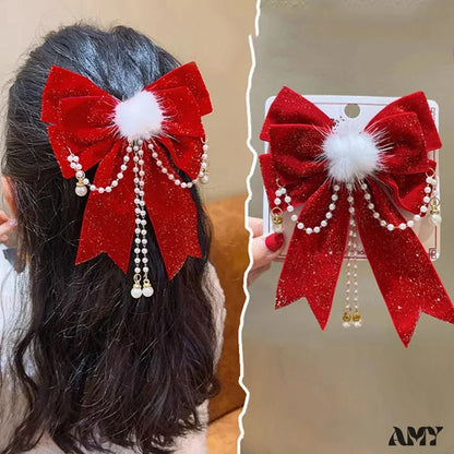 Golden Velvet Pompom Tassel Ribbon Chinese Style Hair Accessory For New Year And Christmas