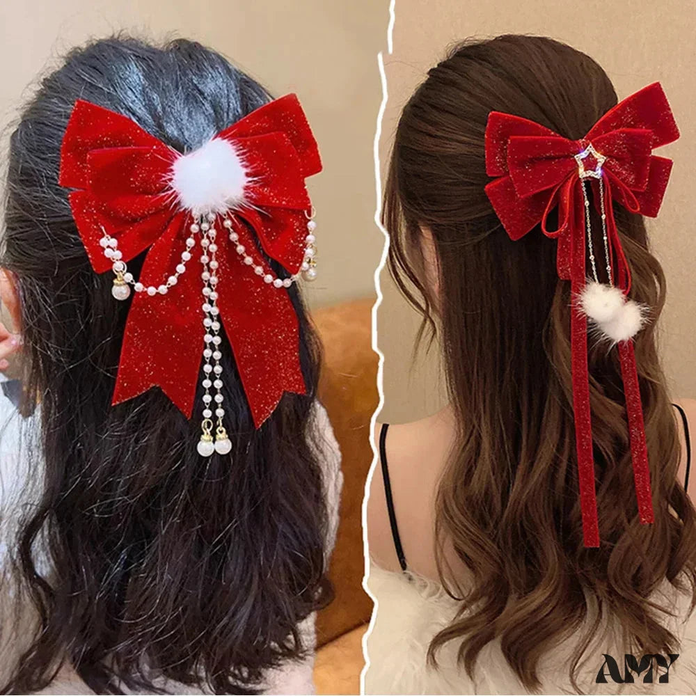 Golden Velvet Pompom Tassel Ribbon Chinese Style Hair Accessory For New Year And Christmas