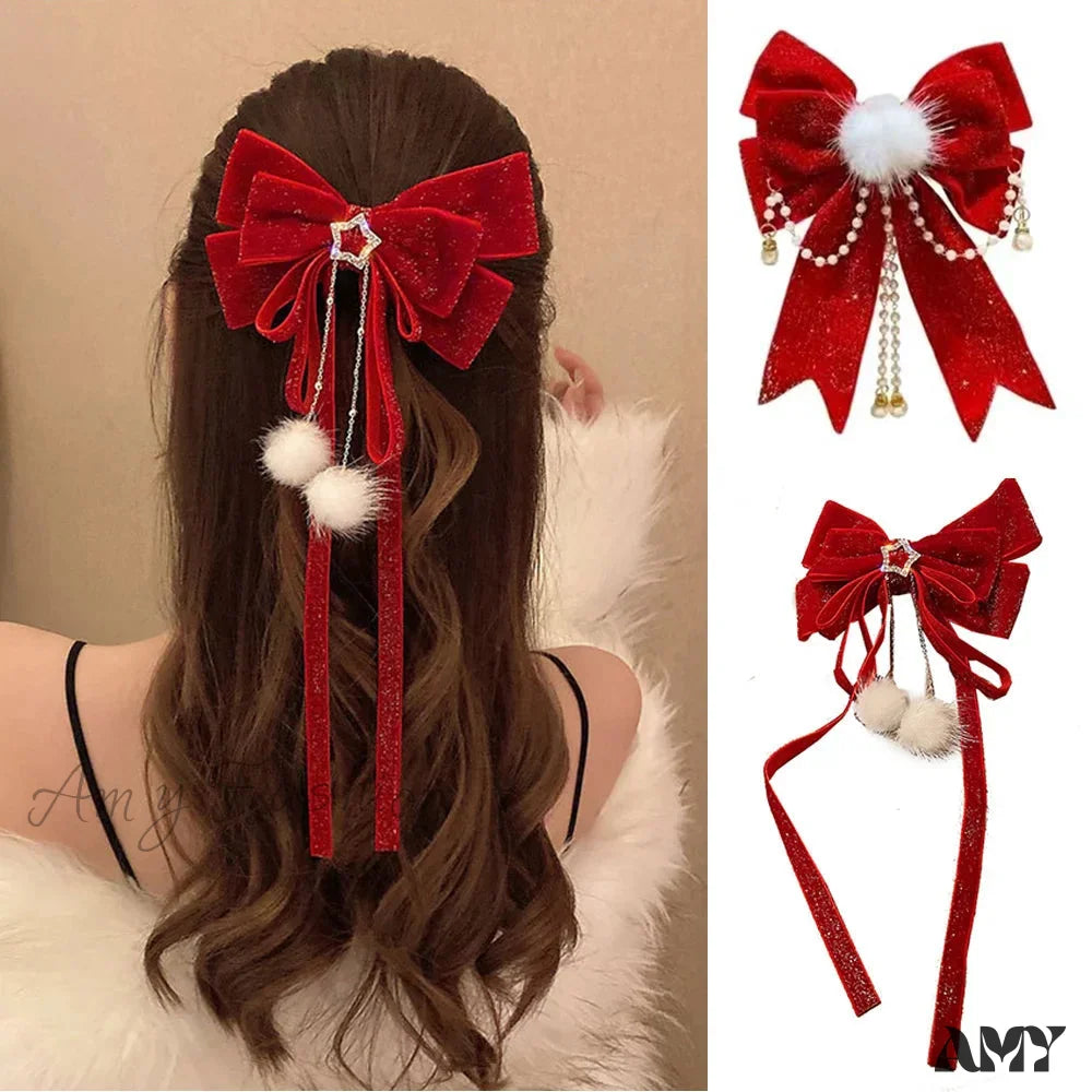 Golden Velvet Pompom Tassel Ribbon Chinese Style Hair Accessory For New Year And Christmas