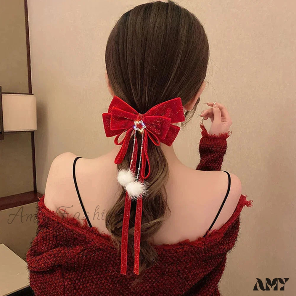 Golden Velvet Pompom Tassel Ribbon Chinese Style Hair Accessory For New Year And Christmas