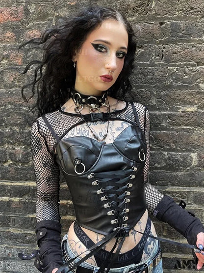 Goth Bandage Top Corset Pu Crop Alt Cyberpunk