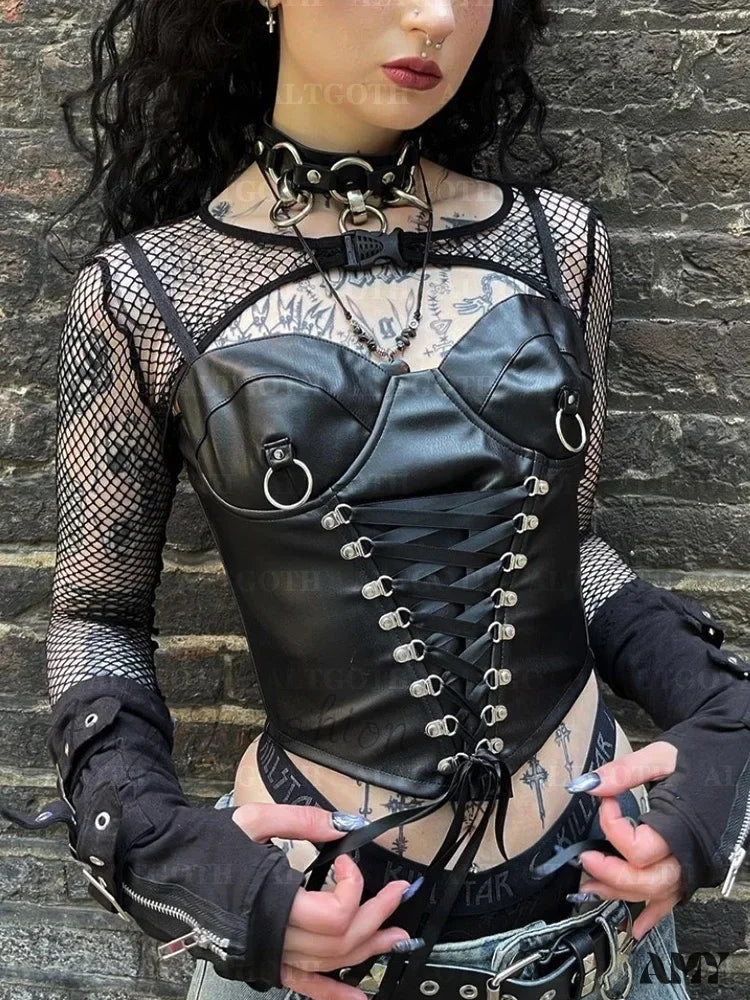 Goth Bandage Top Corset Pu Crop Alt Cyberpunk Black / S