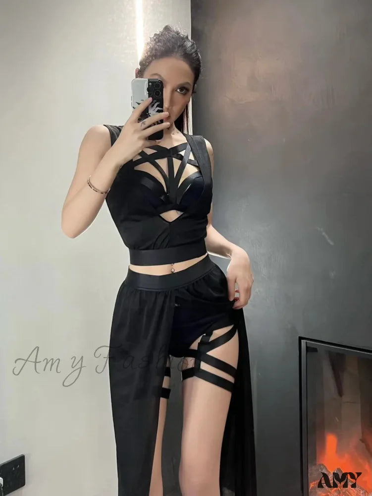 Goth Club Mesh Sexy Black Corsets Skirt Set Women Sleeveless Bra Bandage Slit Crop Top