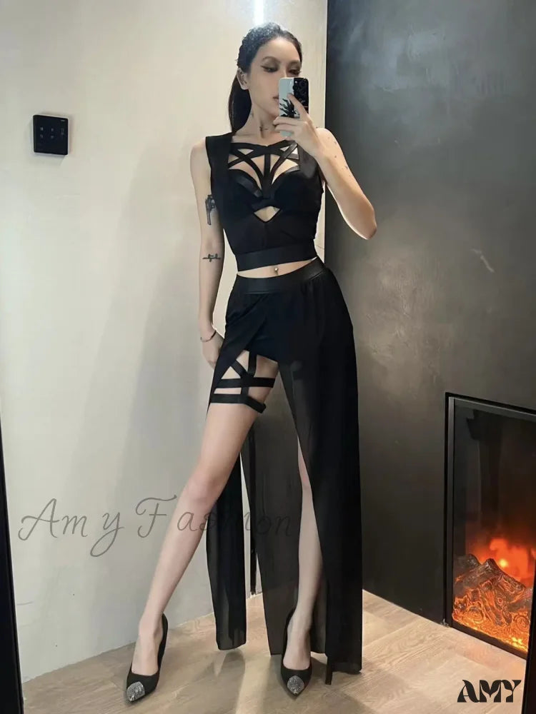 Goth Club Mesh Sexy Black Corsets Skirt Set Women Sleeveless Bra Bandage Slit Crop Top