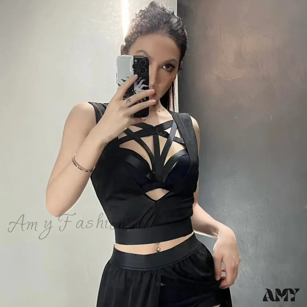 Goth Club Mesh Sexy Black Corsets Skirt Set Women Sleeveless Bra Bandage Slit Crop Top