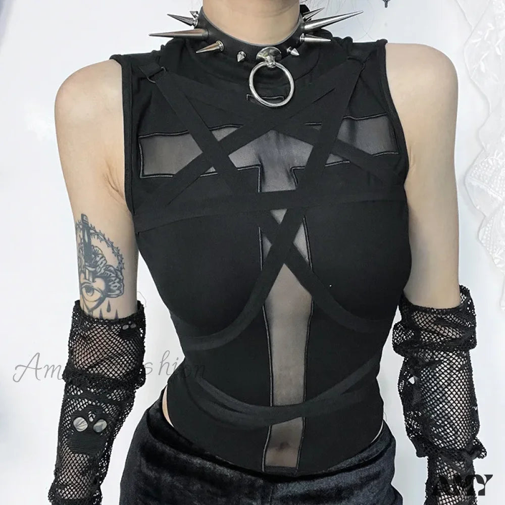 Goth Crop Sleeveless Vintage Bandage Aesthetic Punk Harajuku Top Black / S