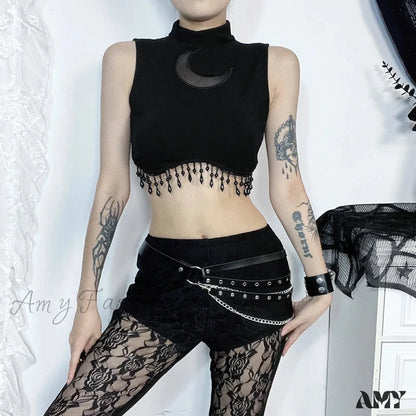 Goth See Lace Sleeveless Vintage Top Through Moon Crop Sexy