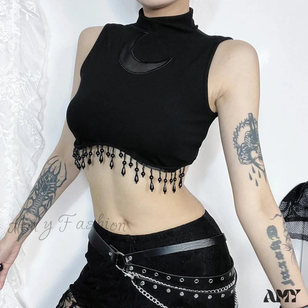 Goth See Lace Sleeveless Vintage Top Through Moon Crop Sexy