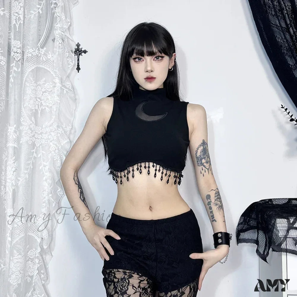 Goth See Lace Sleeveless Vintage Top Through Moon Crop Sexy