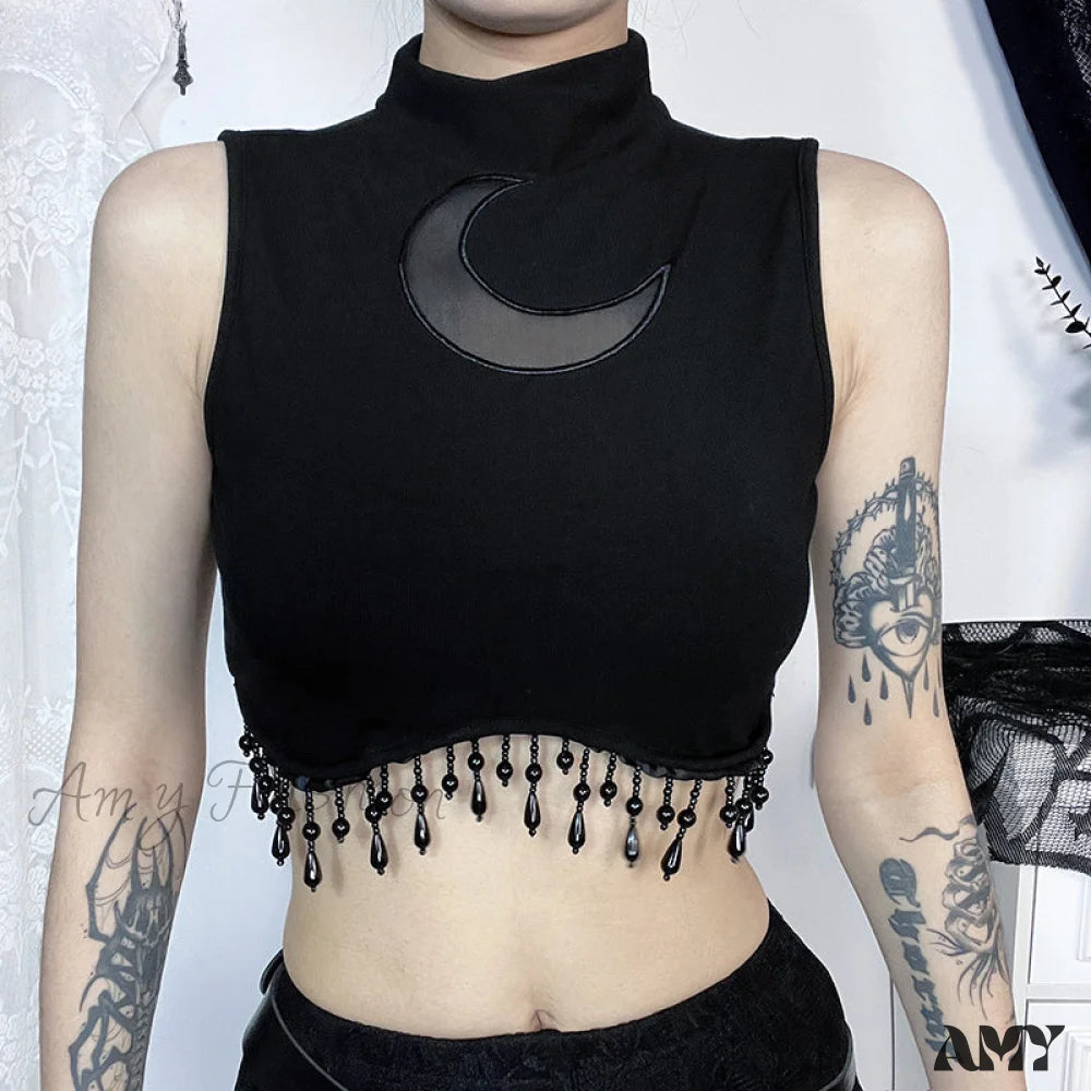 Goth See Lace Sleeveless Vintage Top Through Moon Crop Sexy Black / S