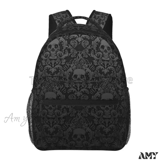 Goth Unisex Daypack Casual Pattern Bag Skull Damask Travel Black