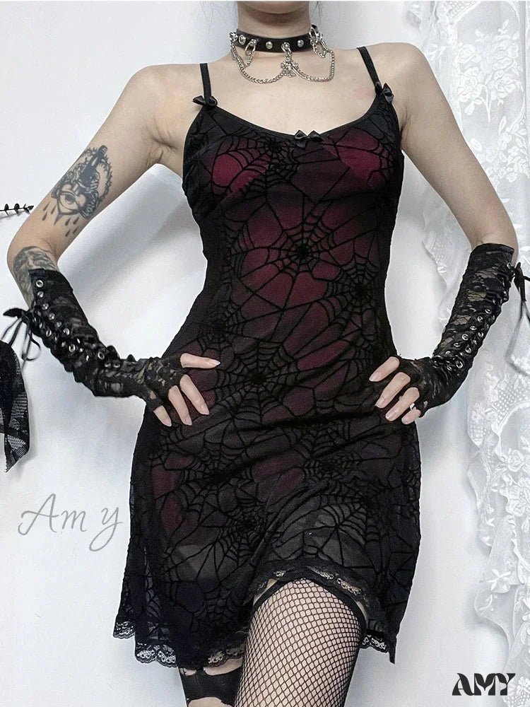 Gothic Cami Lace Contrast Stretch Dress Strap Spider Web Grunge Print Spaghetti