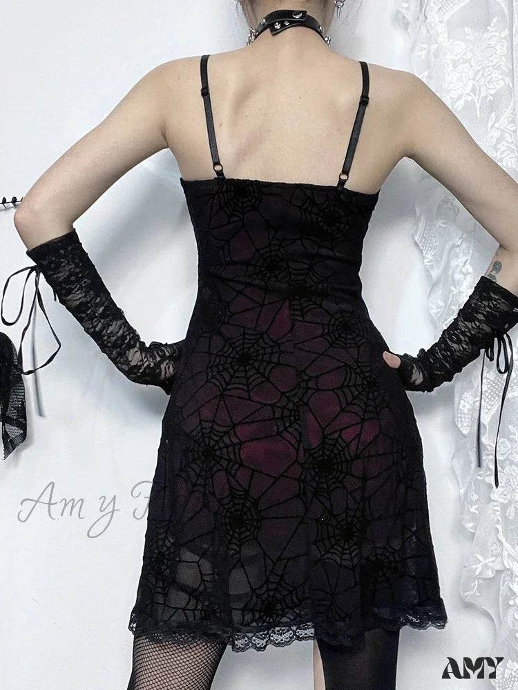 Gothic Cami Lace Contrast Stretch Dress Strap Spider Web Grunge Print Spaghetti