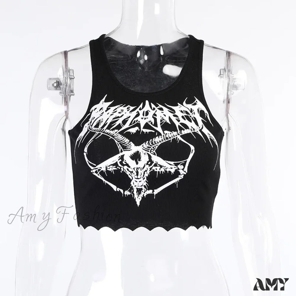 Gothic Crop Goat Top Knitted Grunge Print Punk Black Black / S