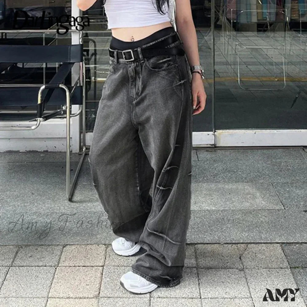 Gothic Distressed Baggy Y2K Trendy Stylish Unique Vintage Comfortable Retro Classic Jean Black / S